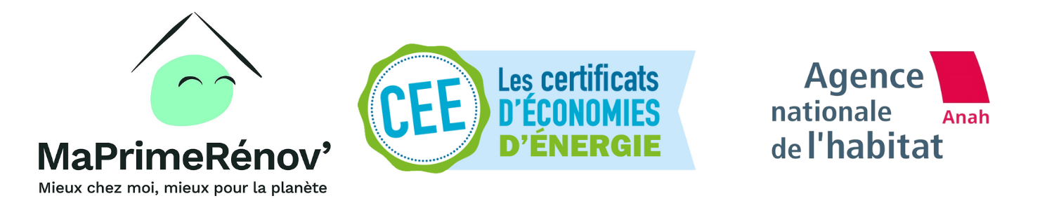 Logos de "MaPrimeRénov", "CEE, les certificats d'économies d'energie" et de l'Anah